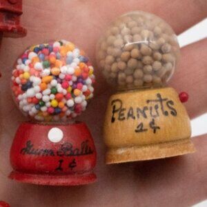 2 Vintage Miniature Tiny Gumball Machines Wooden Handmade Doll Trinkets
